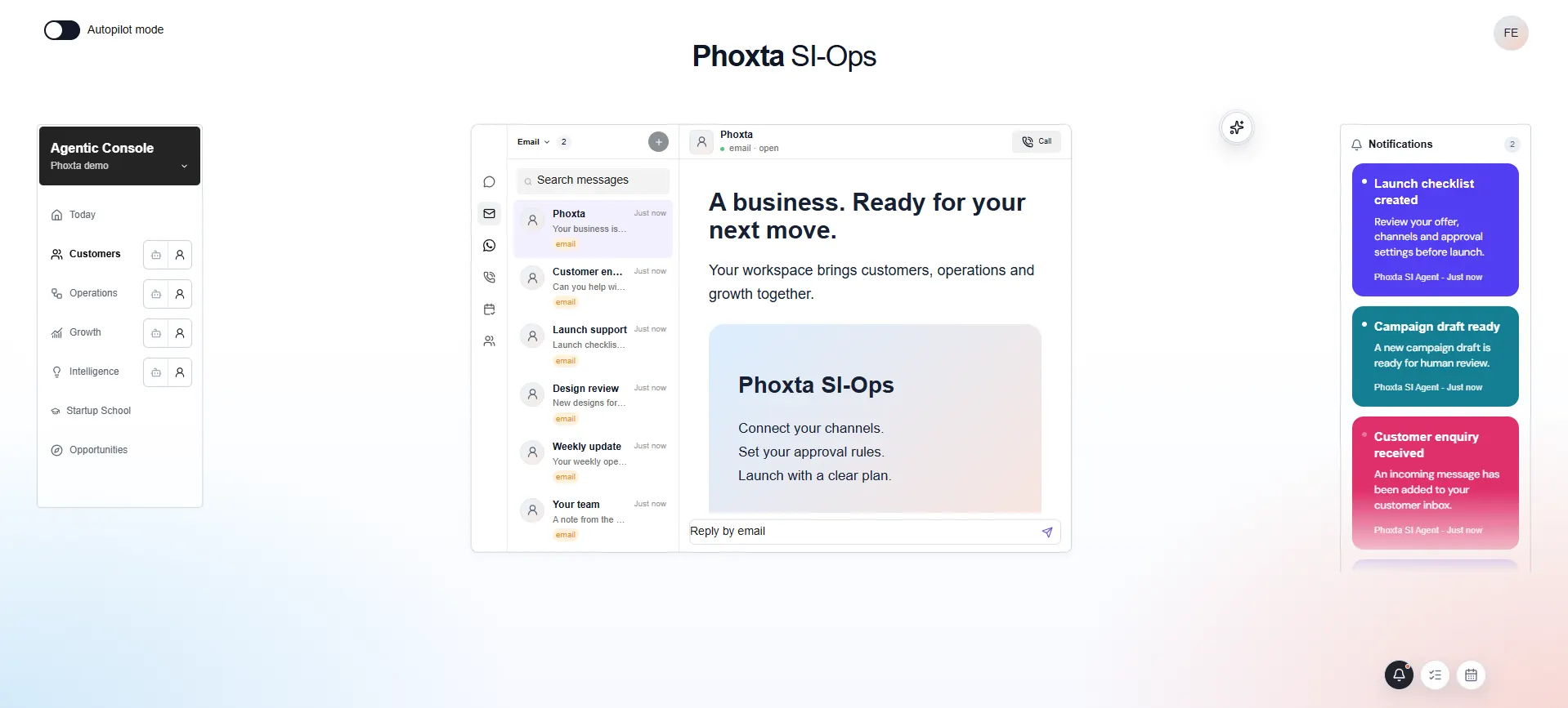 Phoxta SI-Ops interface preview with customer email, contextual assistant and notifications
